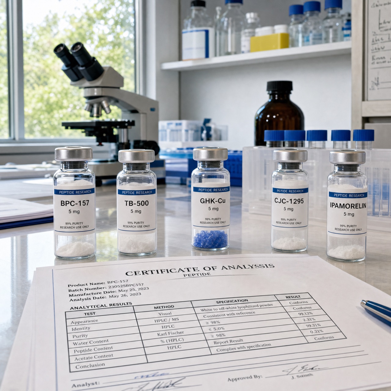 Retatrutide vials alongside a certificate of analysis showing compound identity testing on a research lab bench